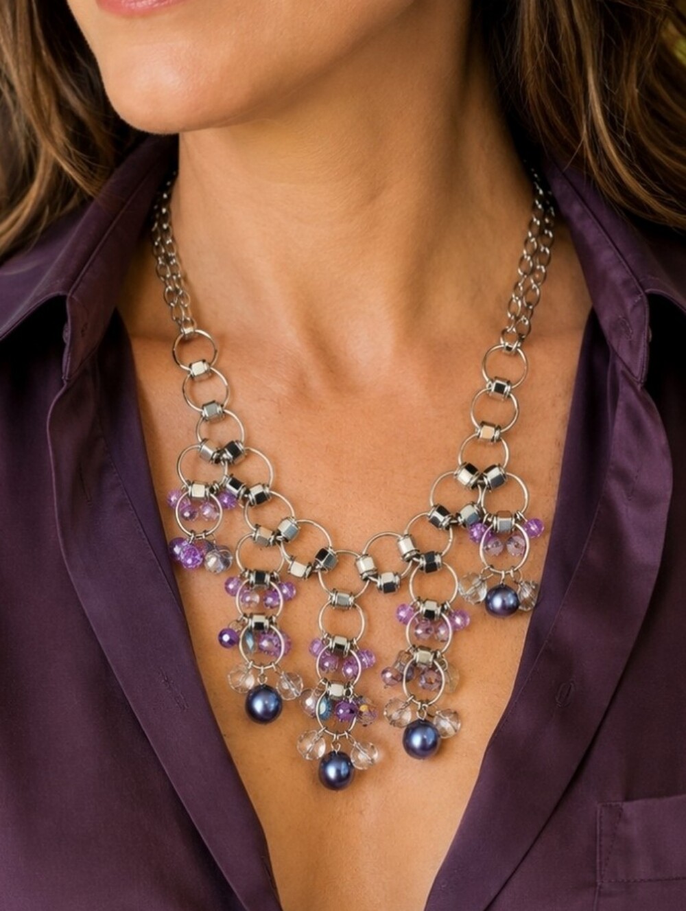 Silver Tone Circle Loop Faux Black Pearl Smoke Crystal Lavender Purple Necklace